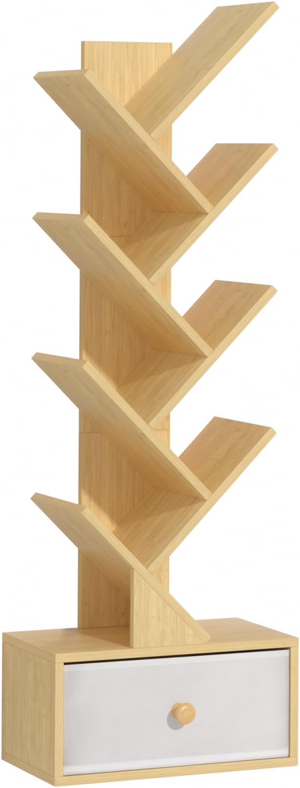 8 Tier Tree Bookshelf with Drawer, Free Standing Wood Bookcase by SHEEPAM