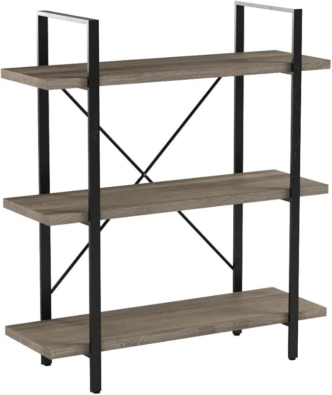 HSH 3-Shelf Bookcase, Rustic Gray 3 Tier Bookshelf, Vintage Industrial Wooden - Image 4