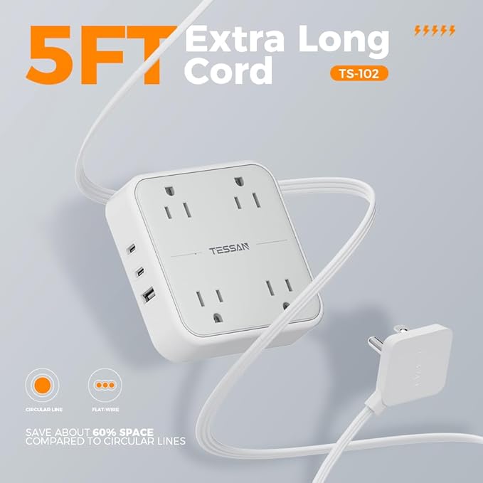 Flat Plug Surge Protector Power Strip, TESSAN 5 ft Ultra Thin Extension Cord - Image 7