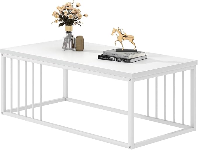 FOLUBAN White Coffee Table, Modern Rustic Wood and Metal Center Table, - Image 8