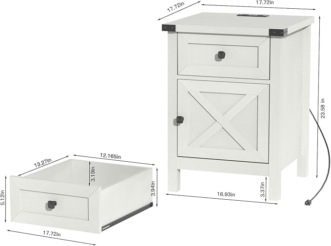 Farmhouse Nightstand with Charging Station, Rustic End Table with Barn Door and - Image 2