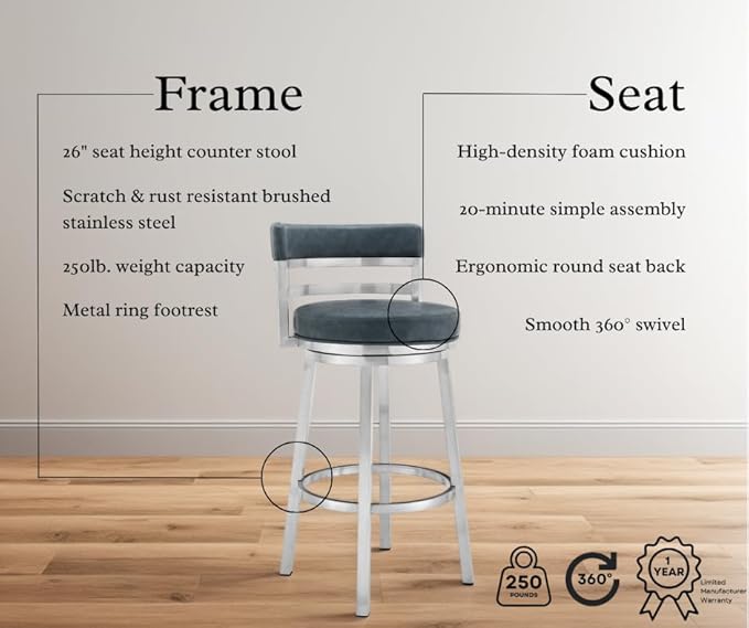 Armen Living Madrid 26" Seat Height Swivel Modern Blue Faux Leather and Brushed - Image 8
