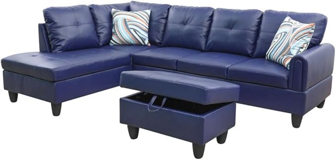 Blue L-Shaped 3-Piece Faux Leather Sofa - Image 8