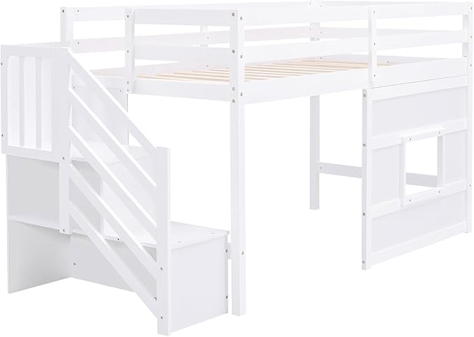 Twin Size Loft Bed with Storage Staircase and Window, Wood Twin Loft Bunk - Image 4