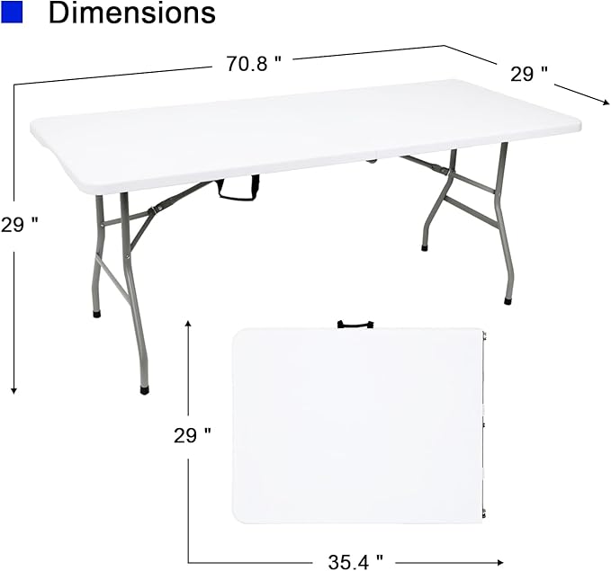 70.8" W X 29" D X 29" H - 6 ft Folding Table White Portable Heavy Duty Plastic - Image 3