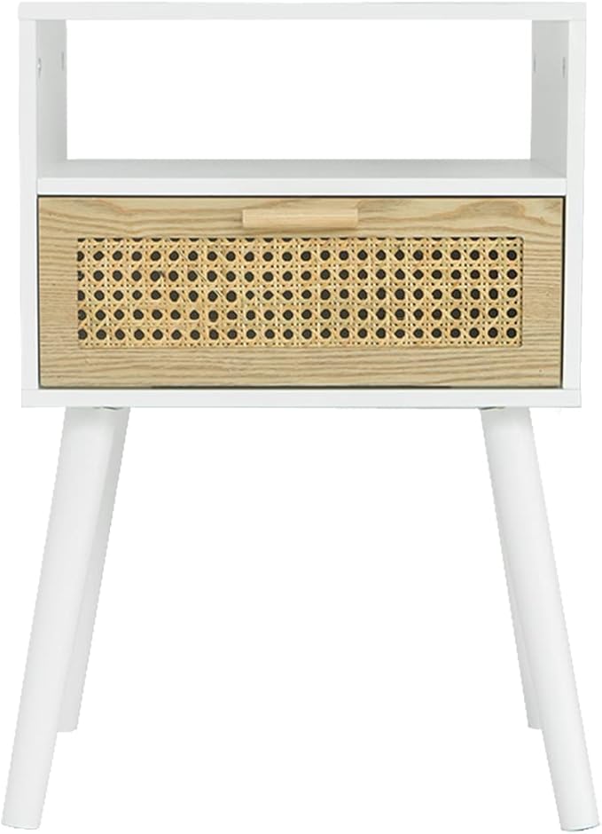 MaxSmeo White Nightstand with Drawer, Mid Century Modern Nightstand, Rattan - Image 10