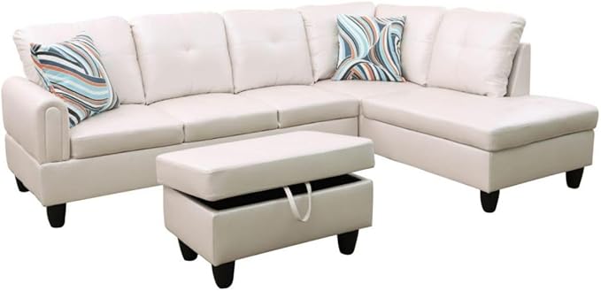 Pearl White L-Shaped 3-Piece Faux Leather Sofa - Image 8