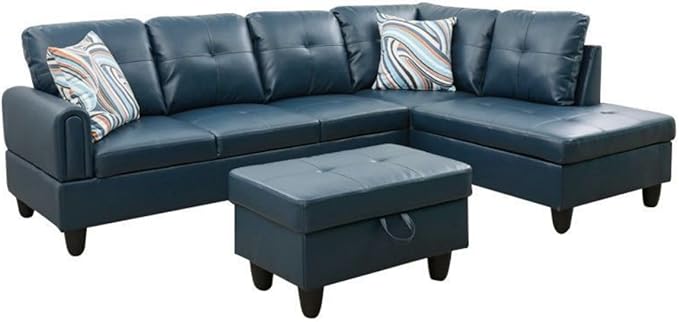Denim L-Shaped 3-Piece Faux Leather Sofa - Image 8