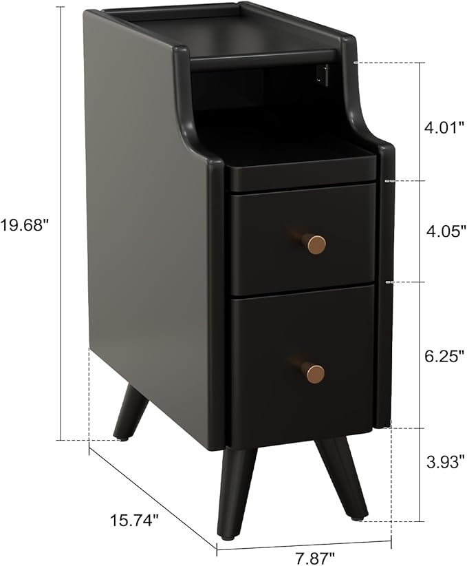 Small Nightstand with Drawers, Solid Wood Bedside Table, Narrow BlackNightstand - Image 2
