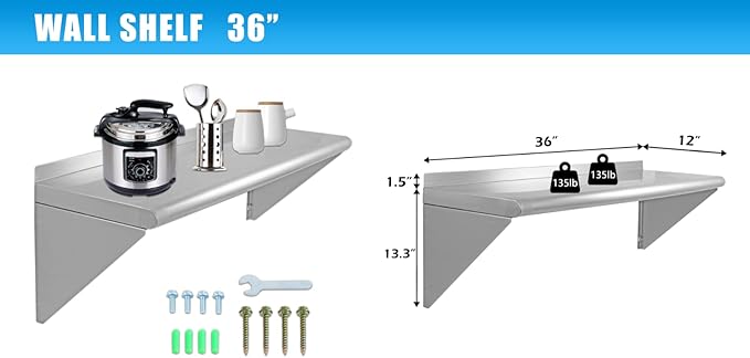 12''x36'' - 2PACKS Wall Mounted Stainless Steel Shelf NSF Commercial Metal Wall - Image 3