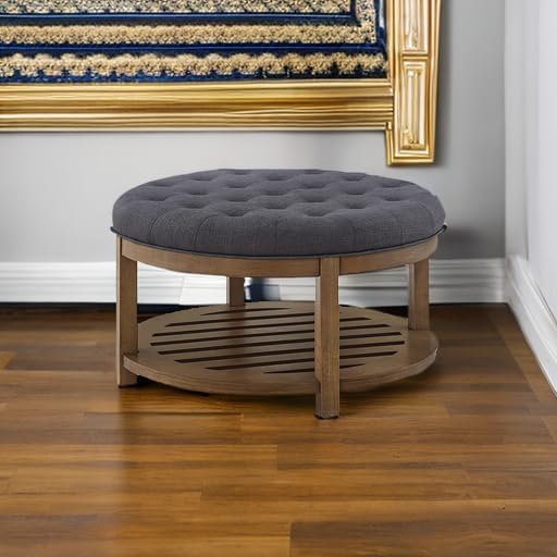 24KF Large Round Upholstered Tufted Linen Ottoman Coffee Table, Large Footrest - Image 6