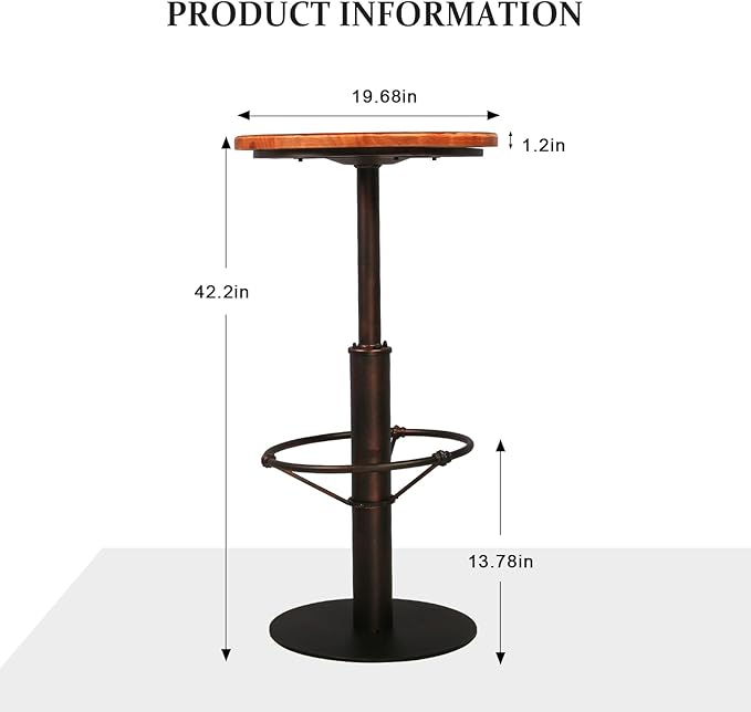 Topower Industrial Pub Table 19.7" Round Solid Pine Wood Top 42.2" Height Bar - Image 3