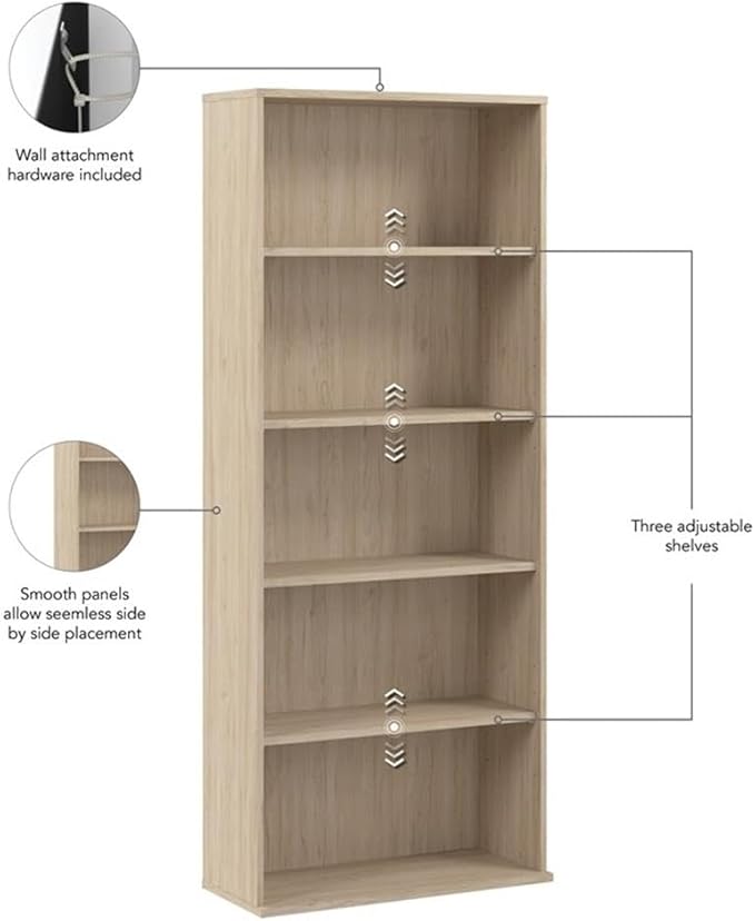 Bush Business Furniture Hustle Tall 5 Shelf Bookcase in Natural Elm, Large - Image 6