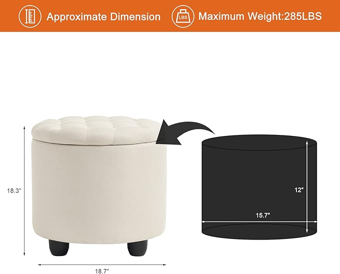 Furniliving Modern Round Storage Ottoman, Button Tufted Ottoman Foot Stools - Image 2