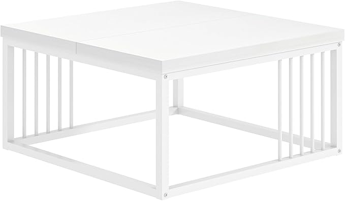 FOLUBAN White Coffee Table, Modern Rustic Wood and Metal Center Table, - Image 9