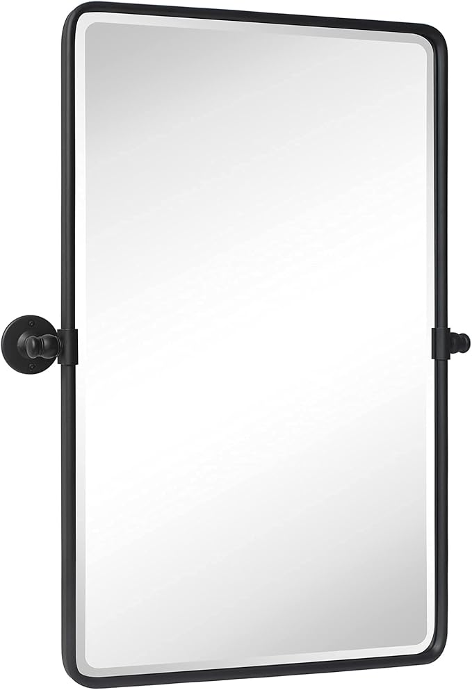Farmhouse Pivot Rectangle Bathroom Mirror Black Metal Framed Tilting Beveled - Image 2