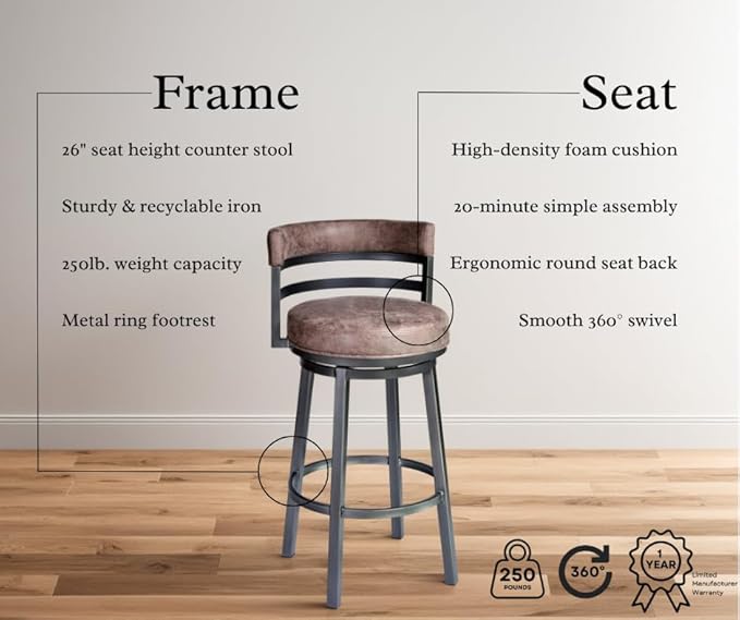 Armen Living Madrid 26" Seat Height Swivel Bandero Tobacco Faux Leather and - Image 4