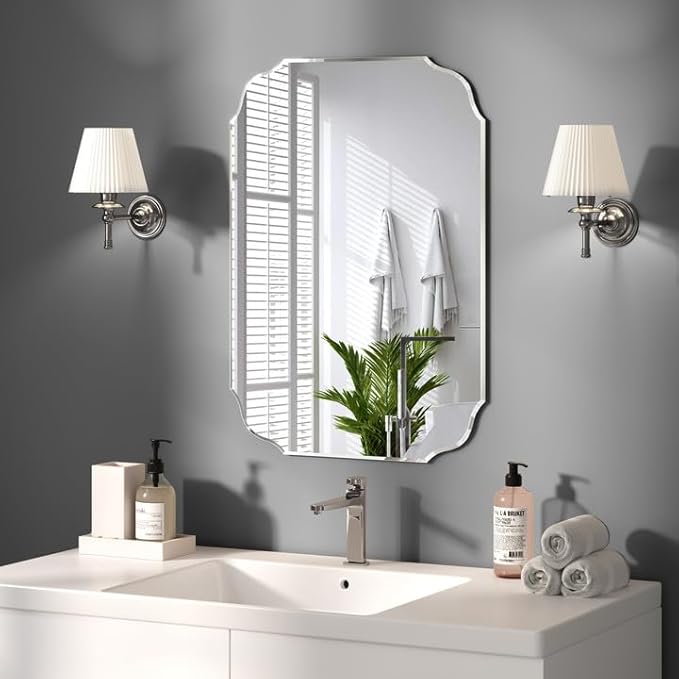 KOHROS Frameless Scalloped Beveled Edges Mirror 20" x 28" Bathroom Mirrors - Image 4