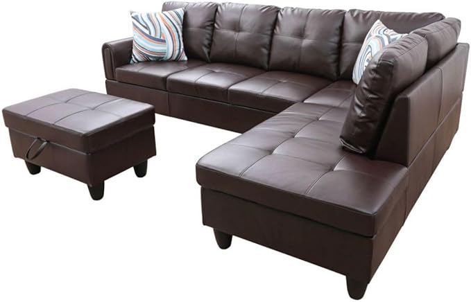 Brown L-Shaped 3-Piece Faux Leather Sofa - Image 8