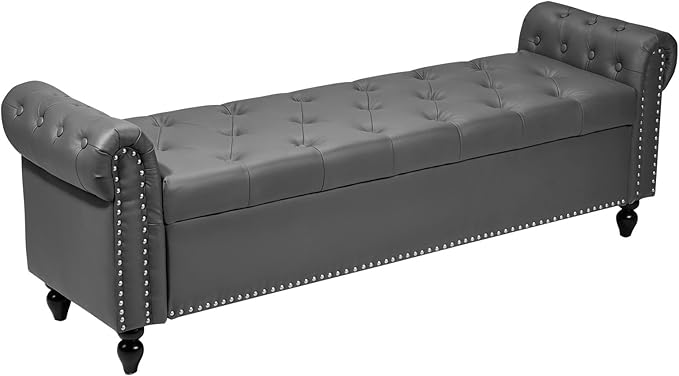 VEVOR Button-Tufted Storage Ottoman Bench, Rolled Arm PU Leather Bench by VEVOR