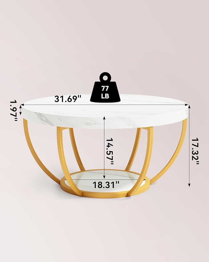 LITTLE TREE Round Coffee Table, 2-Tier Golden Metal Legs Accent Center Table - Image 3