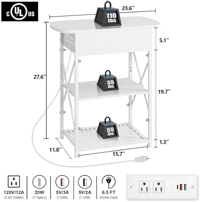 Narrow Side Table with Charging Station, End Table with 3 USB Ports and 2 AC - Image 3