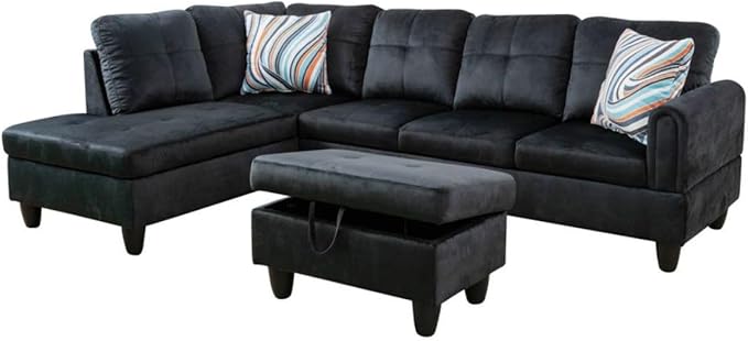Black L-Shaped 3-Piece Flannel Sofa - Image 7