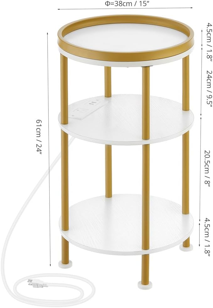 Small Round End Table with Charging Station, 3-Tier Accent Couch Beside Table - Image 3