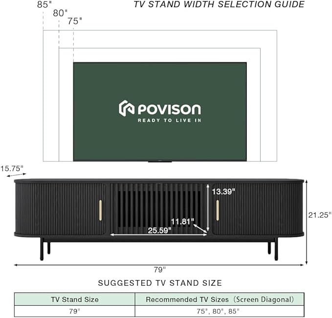 POVISON Fully-Assembled Mid Century Modern TV Stand, Sliding Tambour Door - Image 5