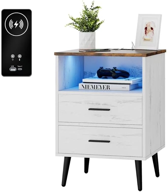 Farmhouse Nightstand with Charging Station and LED Lights, 25.6" H x 17.7" W x - Image 9