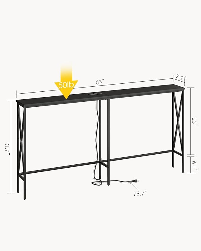 Masupu 63" Console Table with Power Outlet, Modern Narrow Long Sofa Table - Image 3