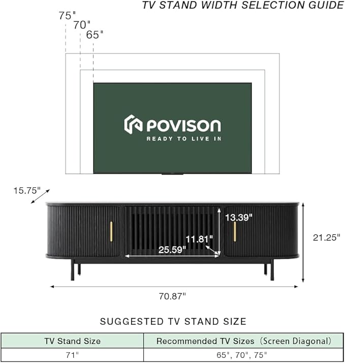 POVISON Sliding Tambour Door TV Stand, Mid Century Modern Sintered Stone TV - Image 4