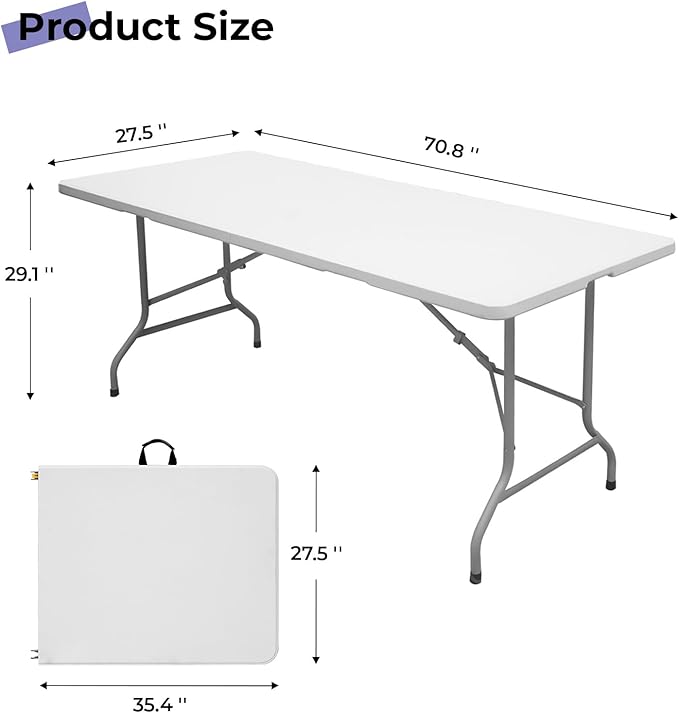 Folding Table 6ft Portable Heavy Duty Plastic Fold-in-Half Utility Foldable - Image 3