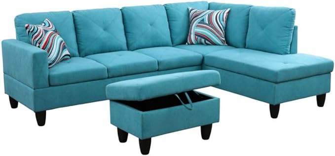 Light Blue L-Shaped 3-Piece Linen Sofa by Unknown