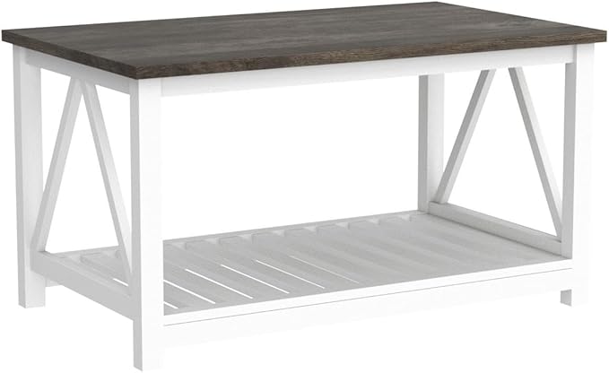 Farmhouse Coffee Table, 2-Tier Rectangular Wooden Centre Cocktail Table - Image 4