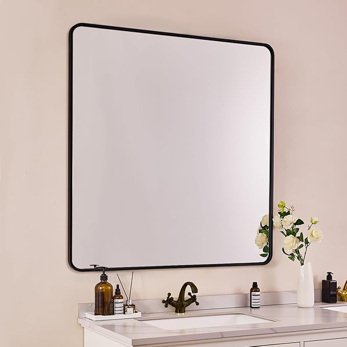 ANDY STAR 40X36 Inch Black Bathroom Mirror, Rounded Rectangle Mirror by ANDYSTAR