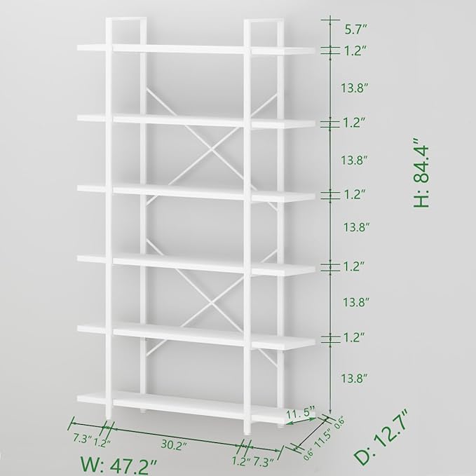 HSH 6 Tier Tall White Bookshelf, Industrial Modern Vertical Metal and Wood - Image 2