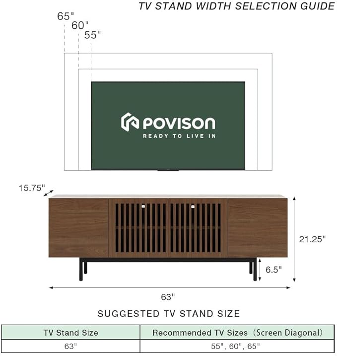 POVISON Fully-Assembled Mid Century Modern Sintered Stone TV Stand, Slatted - Image 3