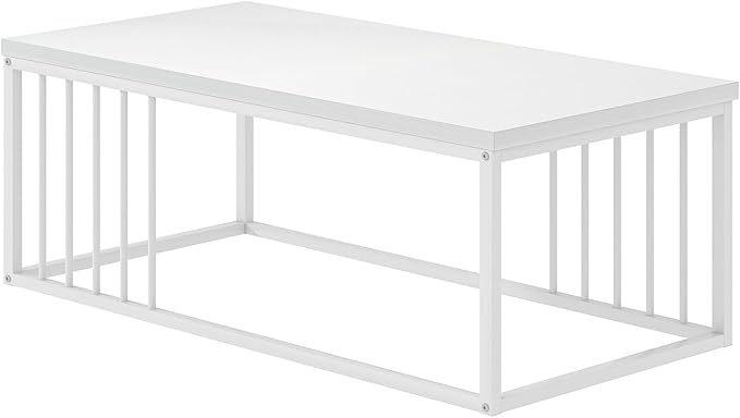 FOLUBAN White Coffee Table, Modern Rustic Wood and Metal Center Table, - Image 9