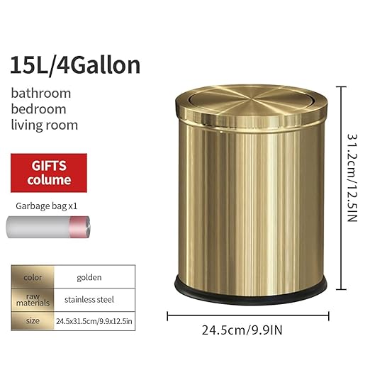 15L/4GAL Gold Bathroom Trash Can, Small Waste Basket - Image 6