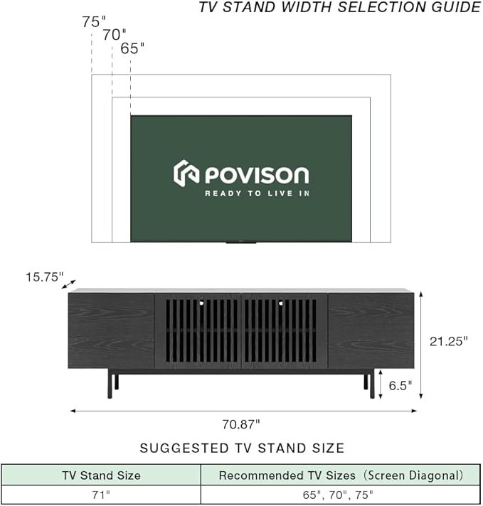 POVISON Mid Century Modern Sintered Stone TV Stand, Slatted Media Console TV - Image 3