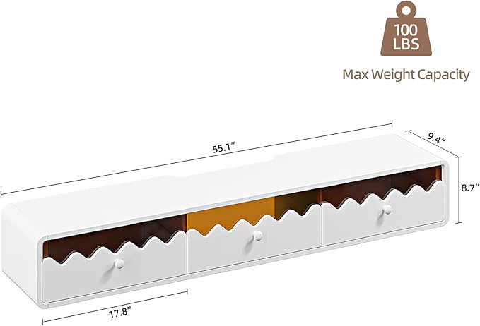 Floating TV Stand, 55IN Fully-Assembled Wall Mounted Wave Glass - Image 2