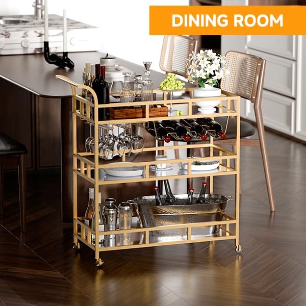TONGMO Gold Bar Carts with 3 Tier Mirror Shelves, Home Bar Cart with Wine Rack - Image 9
