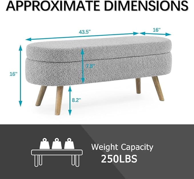 Oval Storage Bench 43.5" Linen Fabric Upholstered Entryway Bench - Image 2