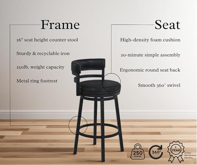 Armen Living Madrid 26" Seat Height Swivel Modern Ford Black Faux Leather and - Image 4