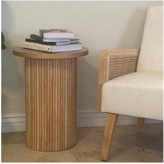 Solid Wood End Table Round 16.93" D, Wooden Accent Drum End Table, Unique Oak - Image 5