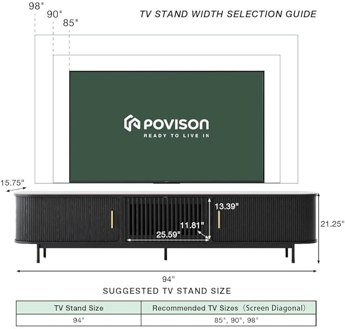 POVISON Fully-Assembled Mid Century Modern Black TV Stand - Image 6