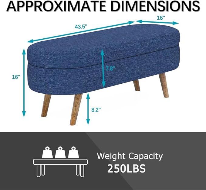 Oval Storage Bench 43.5" Linen Fabric Upholstered Entryway Bench - Image 2