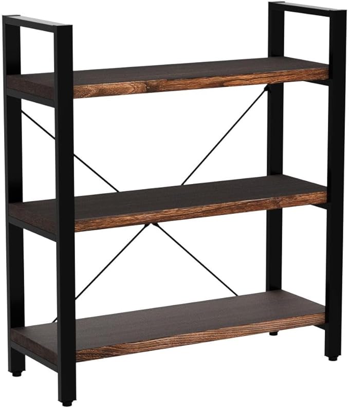 Natural Real Solid Wood Bookcase, 3 Tier Metal and Wood Open Book Shelf Storage - Image 4