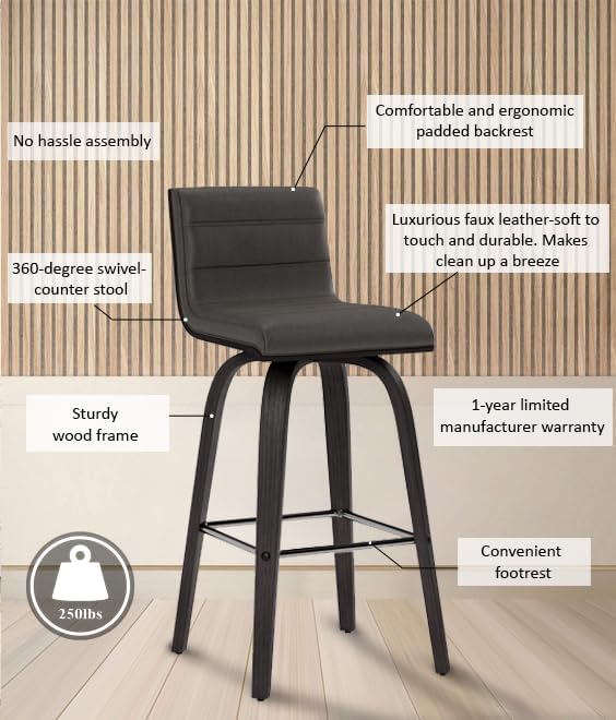 Armen Living Vienna 26" Swivel Counter Stool in Black Wood Finish - Image 12